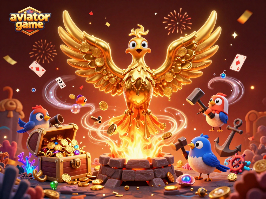 Aviator game showcases dynamic elements of golden phoenix and treasures in a vivid casino scene.