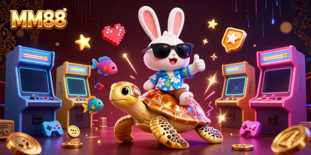Experience MM88's excitement with a lucky rabbit and golden sea turtle in vibrant 3D casino scene