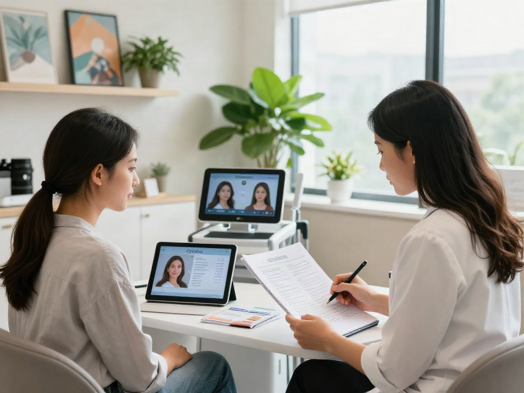 Consultation scene showing why ClinicEvo cheaper than QOVES, with client reviewing aesthetic assessment.