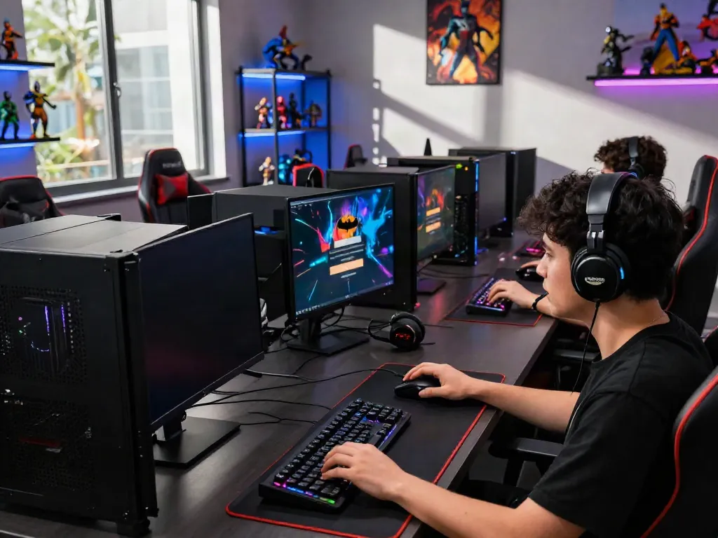 Engaged gamer at a modern gaming setup, focusing on batman138 login slot interface.