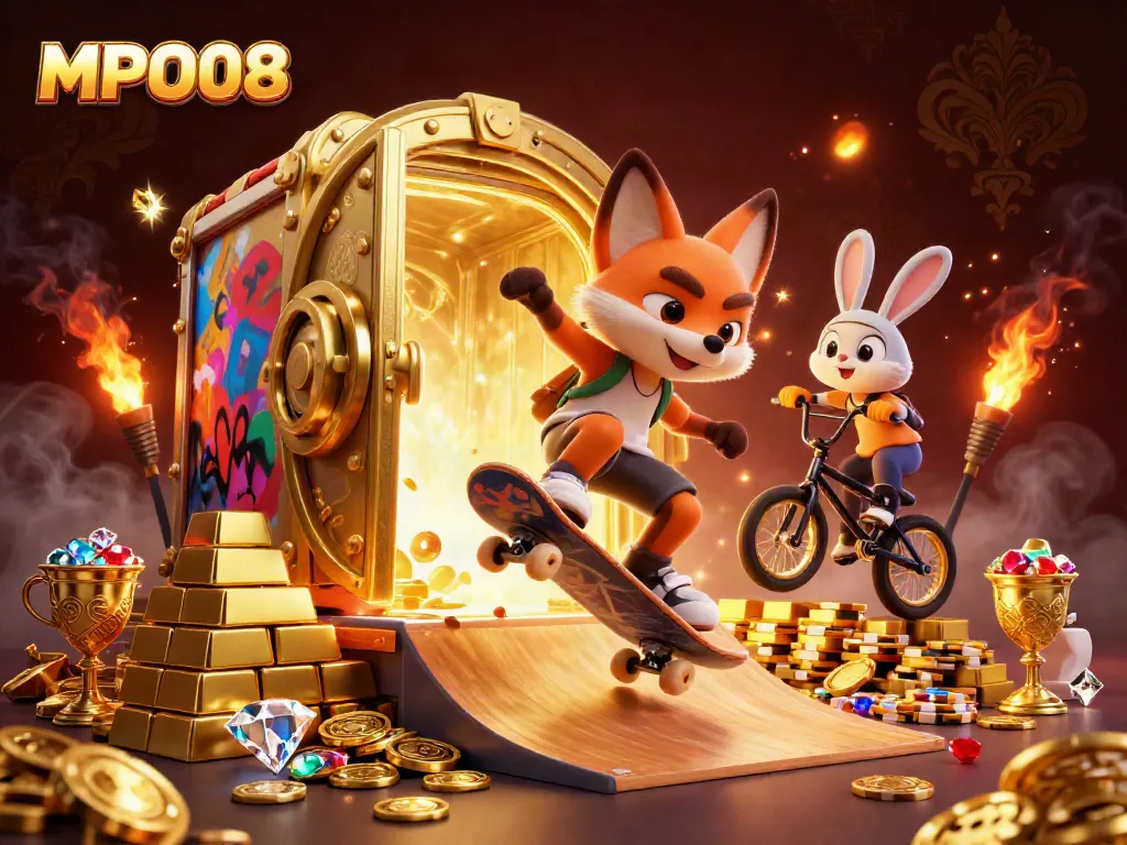 MPO08 features a vibrant scene with a cartoon fox and rabbit performing tricks surrounded by casino elements.