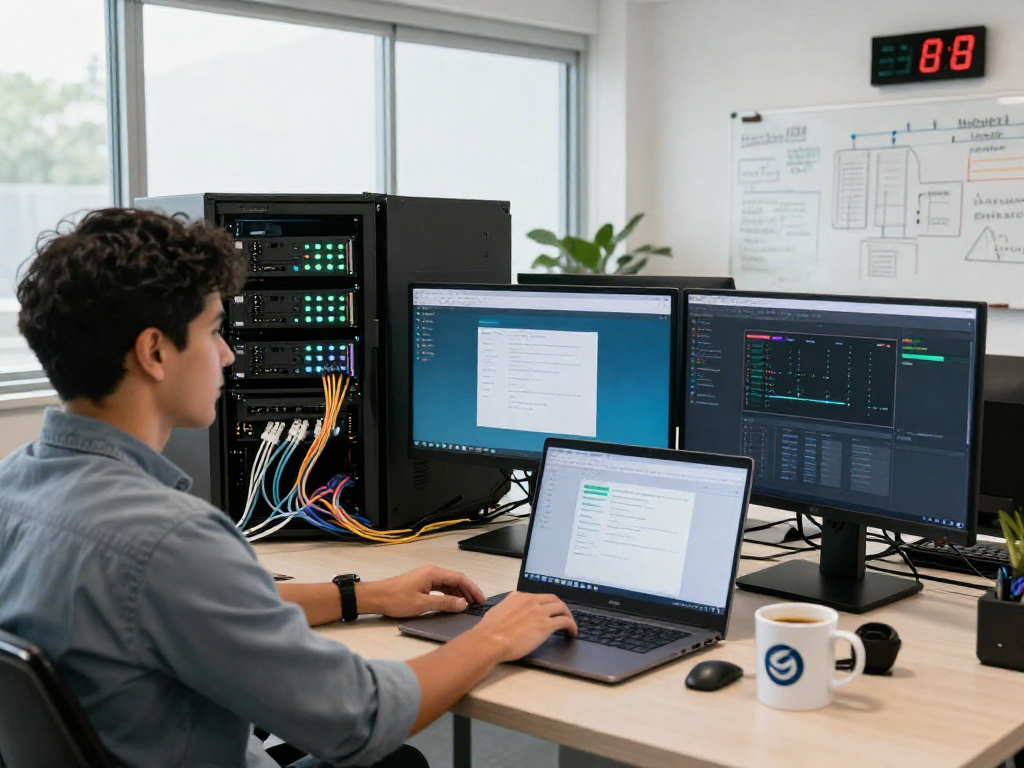 Configuración profesional de web hosting en México con técnico en oficina moderna.