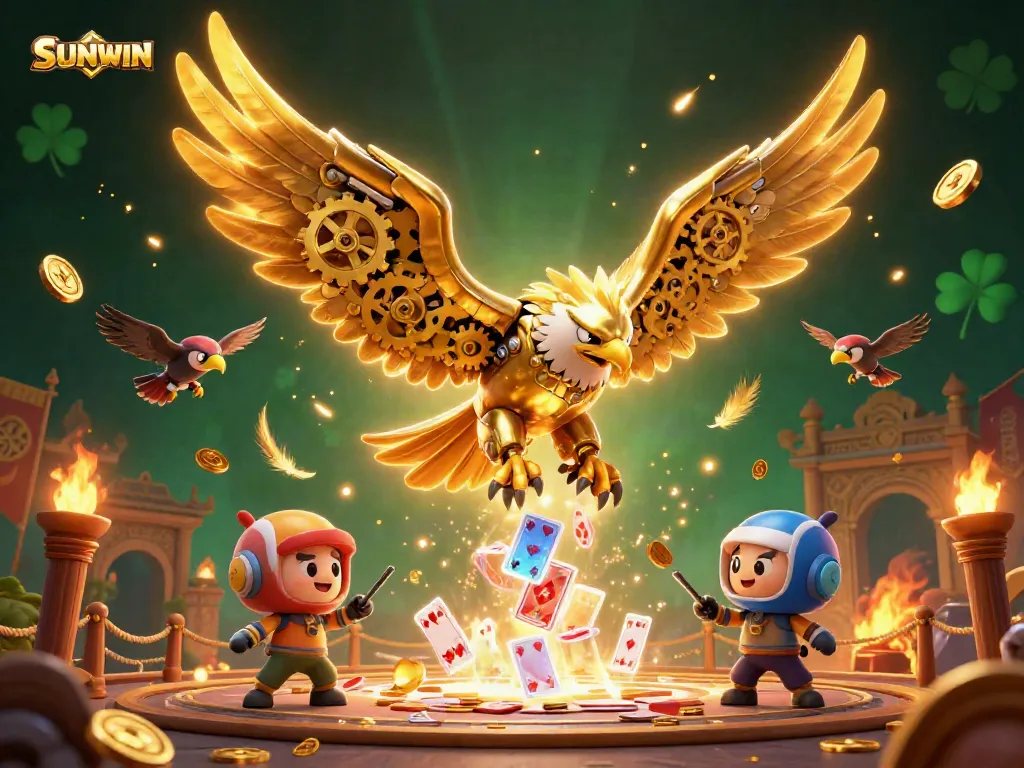 Experience dynamic gameplay at SUNWIN with a cybernetic eagle amid vibrant casino elements.