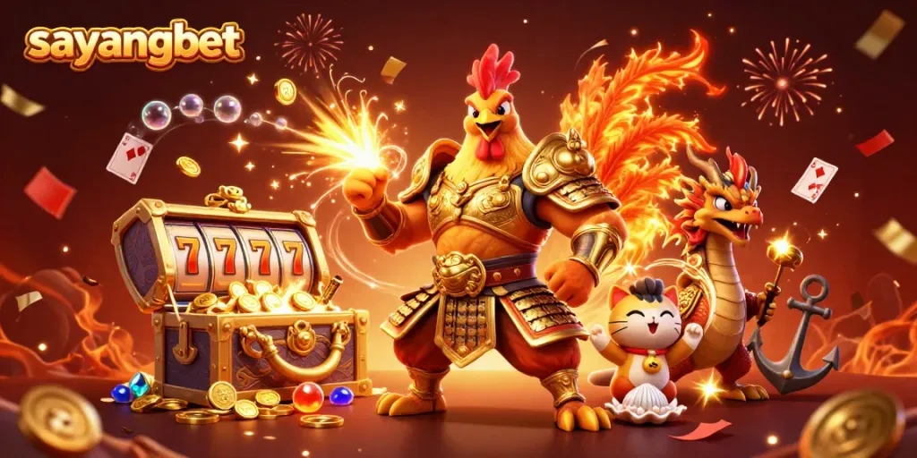 Engage with sayangbet's dynamic gameplay featuring a cartoon rooster warrior and dragon hatchling amidst riches.