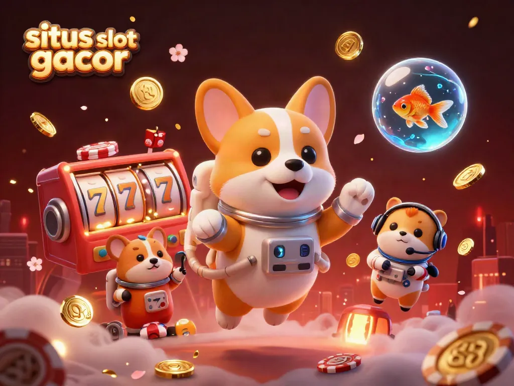 Experience exhilarating games at situs slot gacor with a floating space-themed casino scene featuring exciting characters.