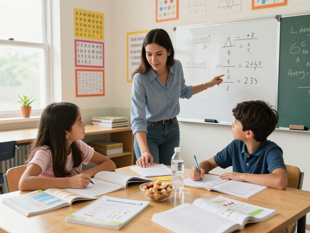 Students learning with math and English tutors in a bright classroom