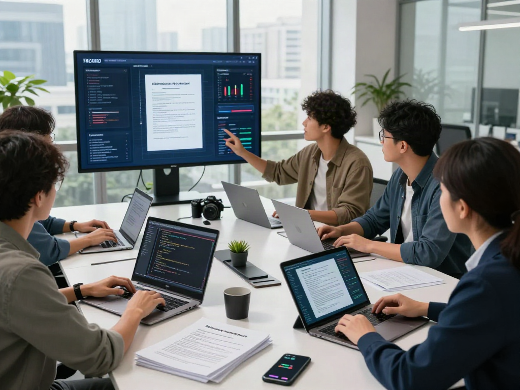 Team engaged in document fraud detection strategies using tech tools in a modern office