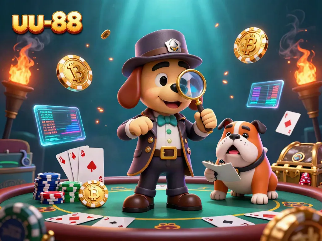 Poker action at uu-88 with a detective examining a golden chip surrounded by casino elements.