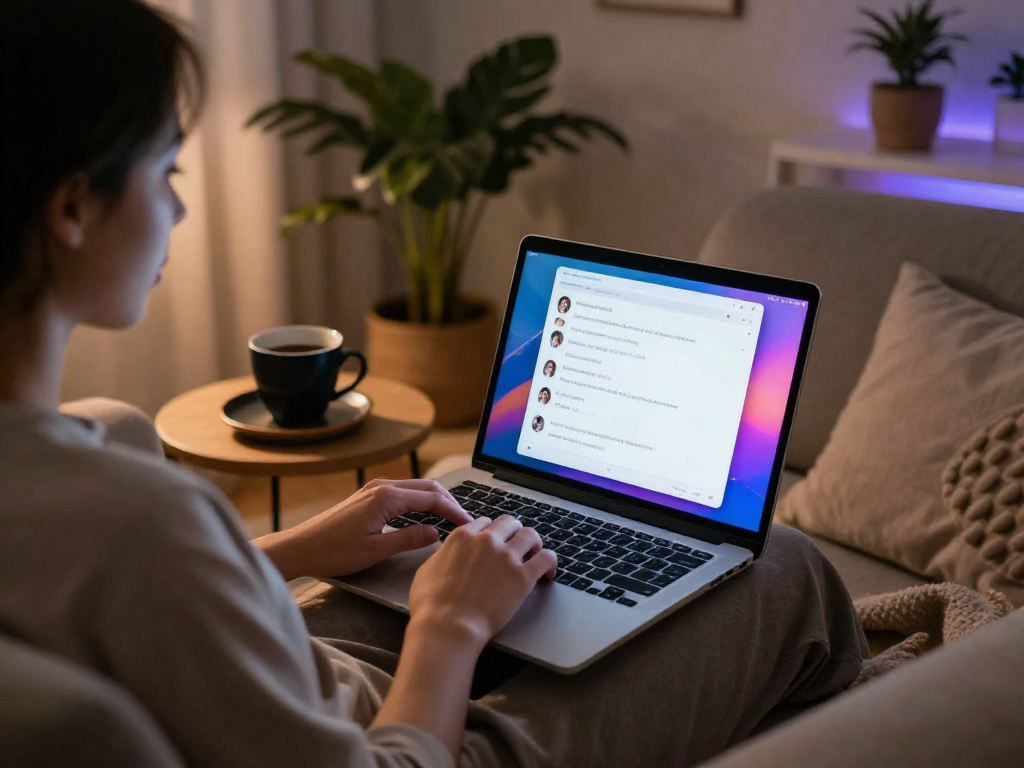 Engaging safe space for nsfw chat featuring a laptop, coffee, and relaxing ambiance.