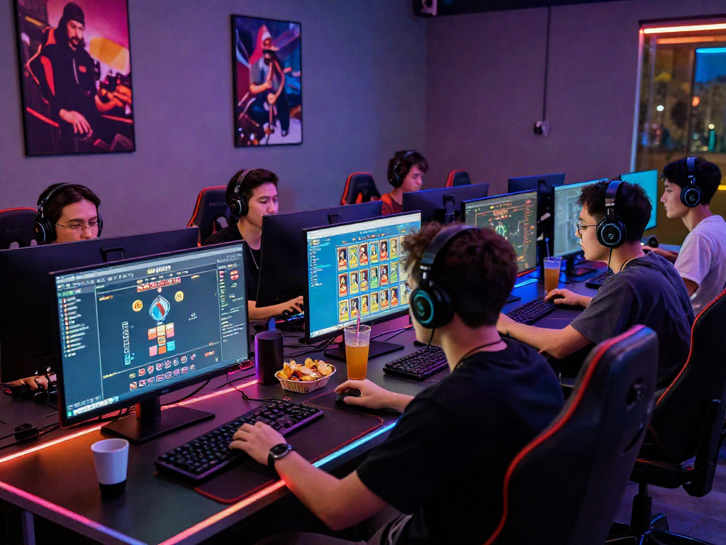 Engaged players immersed in a dynamic bandar togel online gaming session with vibrant decor and snacks.