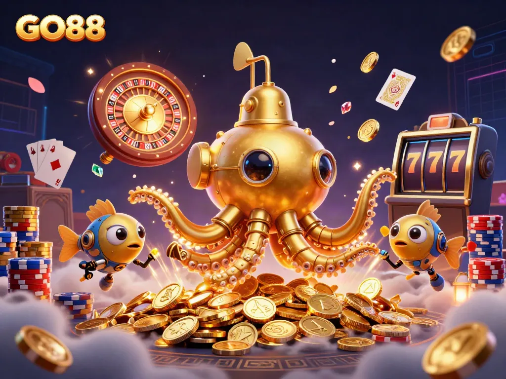 Experience excitement with GO88 as the golden kraken surfaces through shimmering coins and thrilling casino elements.