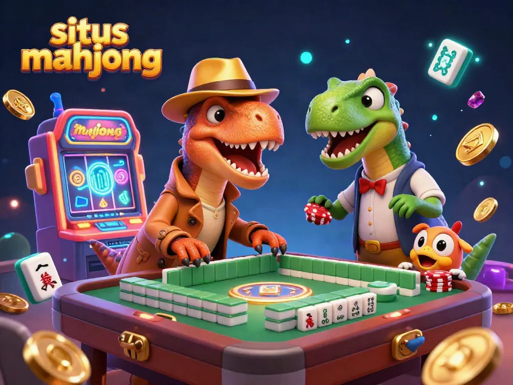 Engage with situs mahjong at this colorful 3D illustration of a Mahjong game table featuring unique dinosaur characters.