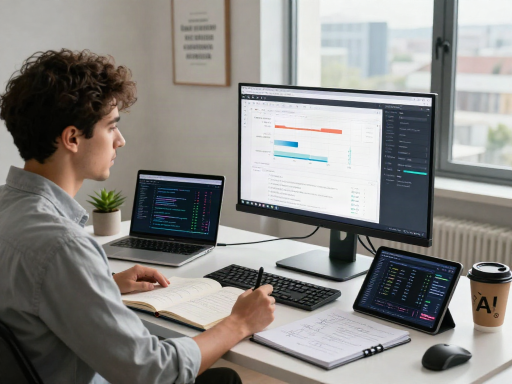 AI Detection analysis workspace featuring a data analyst reviewing AI-generated content with monitors and tech tools.