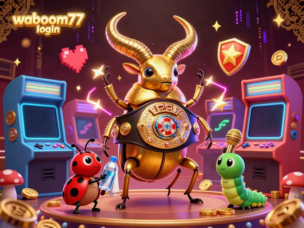 Engage with the exhilarating waboom77 login, showcasing a vibrant 3D casino scene packed with characters and games.
