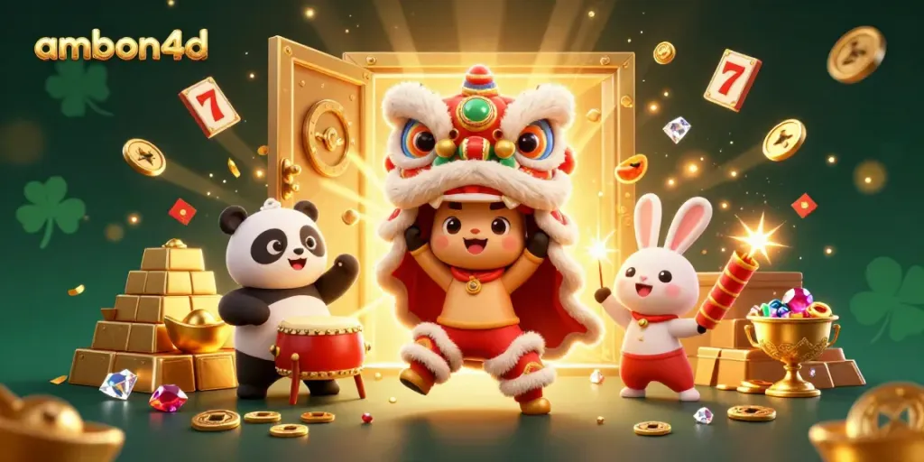 Experience vibrant gameplay with ambon4d showcasing a lively lion dance and thrilling slot symbols amid riches.