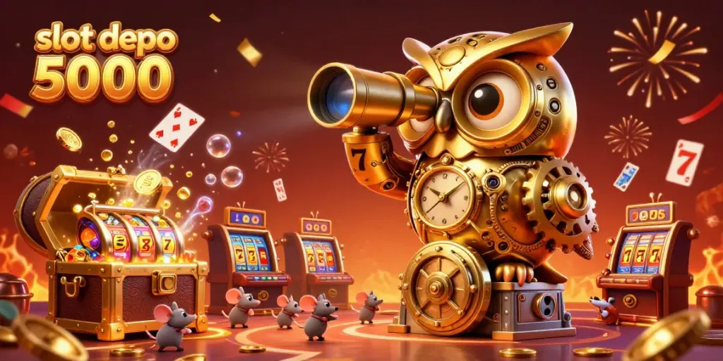 Engage with slot depo 5000 as whimsical characters celebrate a jackpot amidst vibrant casino elements.