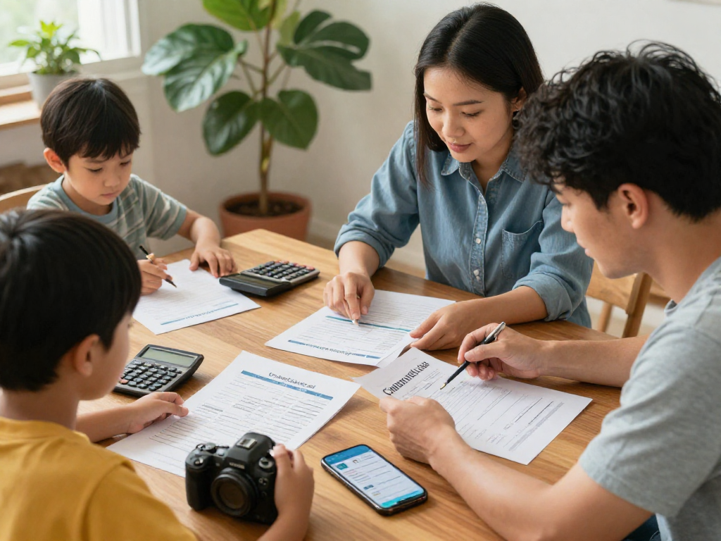 Family discussing credit consolidation strategies at dining table with documents and calculator in warm atmosphere.
