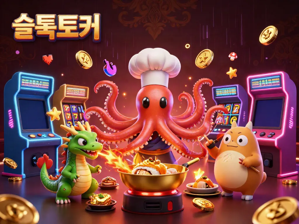 Experience the vibrant world of 슬롯토커, a dynamic casino scene with colorful characters and slot gaming elements.