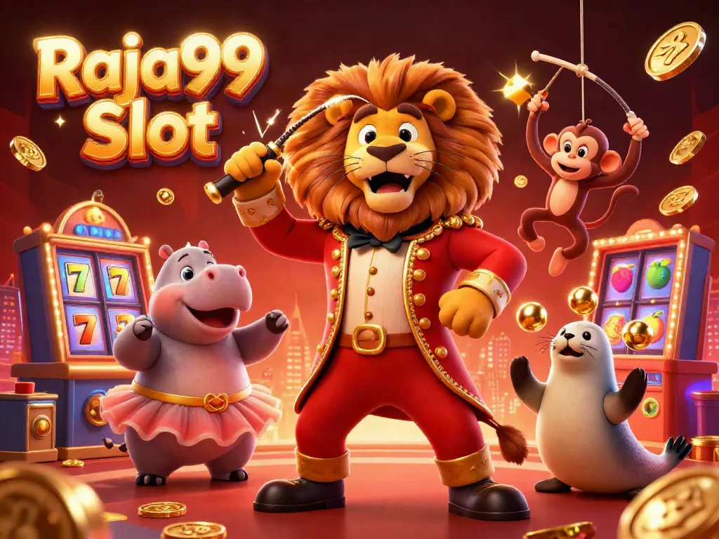 Raja99 Slot, suasana kasino yang meriah dengan karakter lucu dan elemen slot yang menarik.