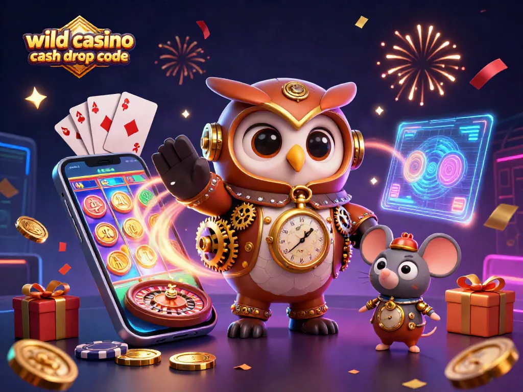 Play and win with wild casino cash drop code in an energetic 3D casino illustration.